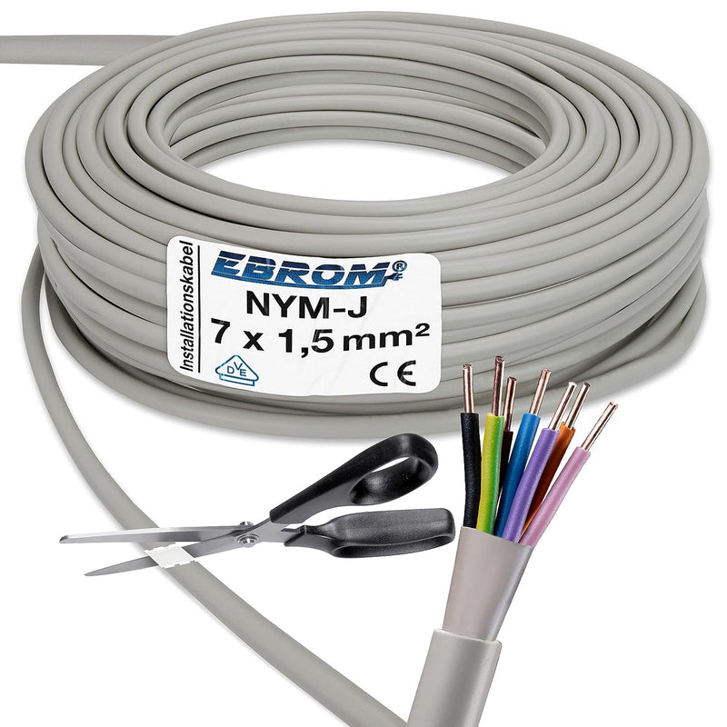 EBROM – NYM-J 7x1,5 mm² (mm2) Mantel GRAU, 7 Litzen FARBIG zur perfekten Zuordnung bei der Installat