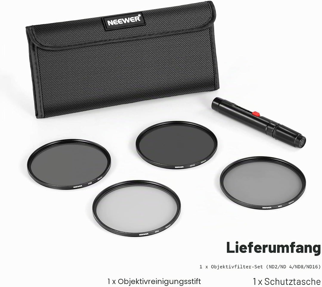 NEEWER 55mm ND Filter Set ND2 ND4 ND8 ND16, Objektivreinigungsstift, Filterbeutel, Graufilter Set, k