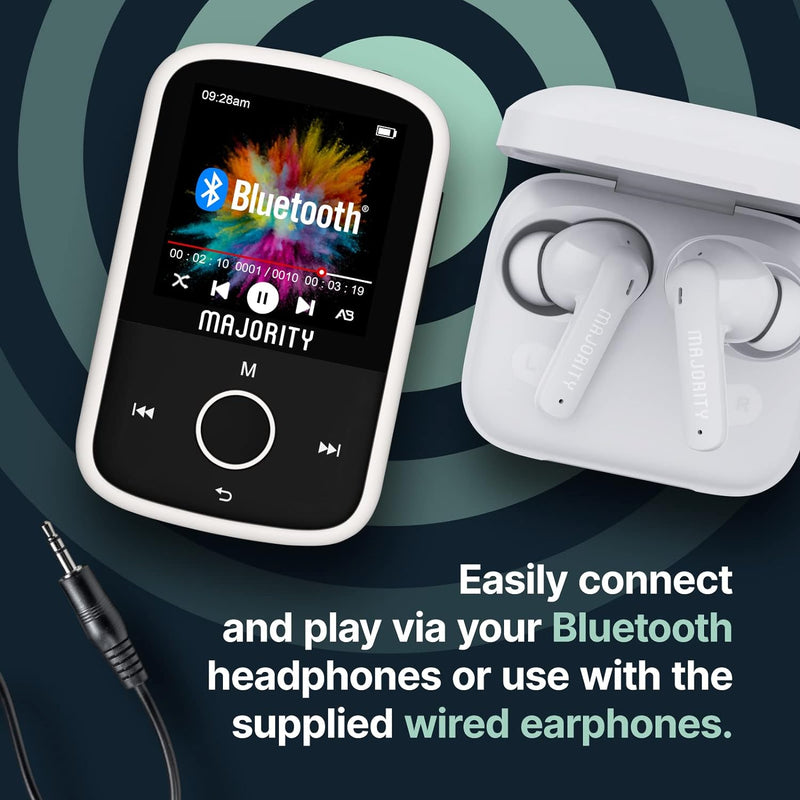 Bluetooth MP3 Player mit Sport-Clip für Kinder | Kopfhörer Inklusive | 16GB Interner Speicher, Erwei
