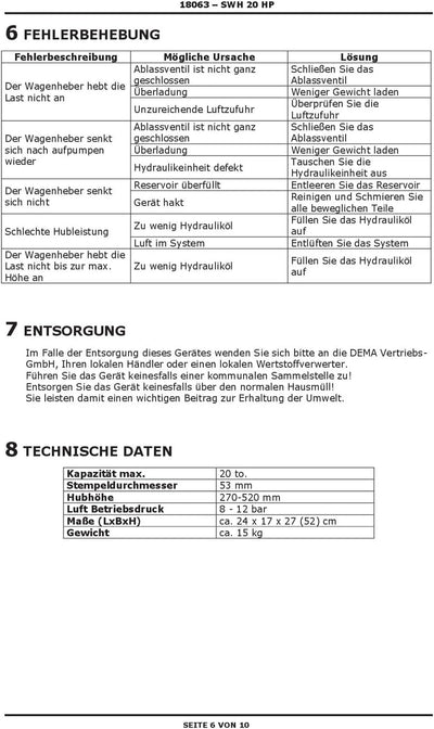 Pneumatisch hydraulischer Stempelwagenheber Wagenheber Stempelheber 20 t Tonnen