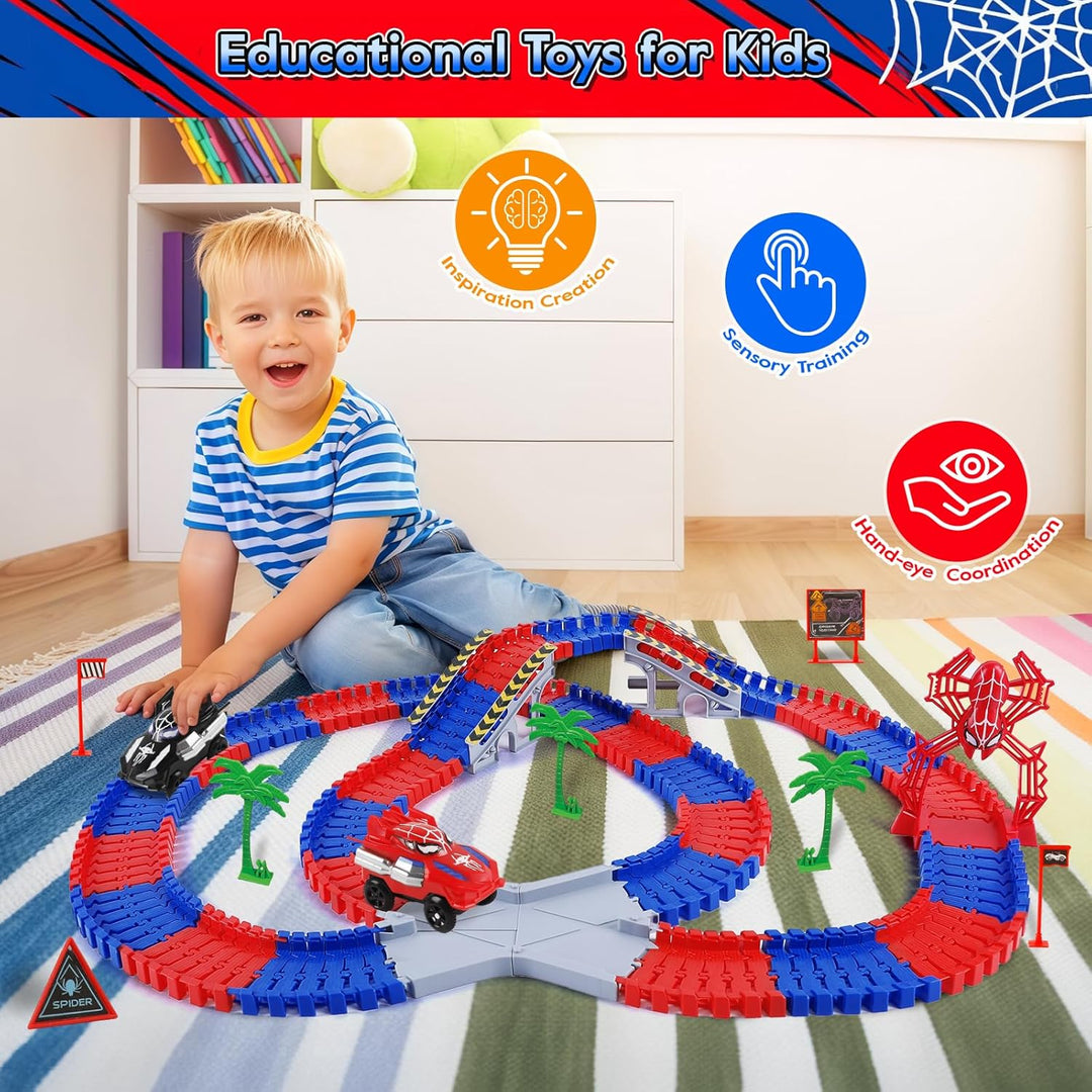 Spider Autorennbahn Set, Spielzeug ab 3 4 5 6 Jahre Junge, Spider Spielzeug Rennbahn Auto Kinderspie