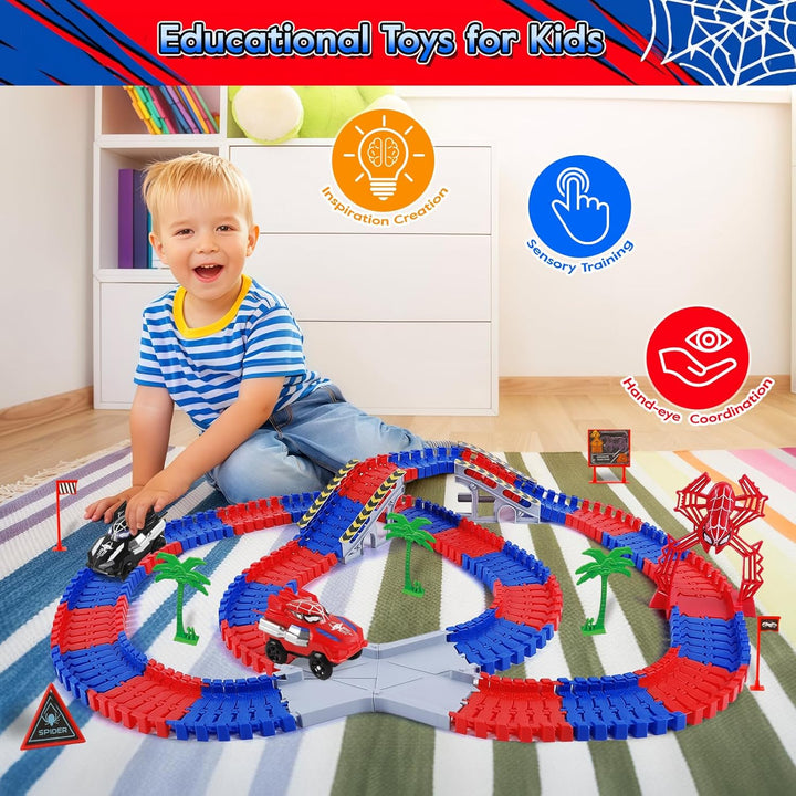 Spider Autorennbahn Set, Spielzeug ab 3 4 5 6 Jahre Junge, Spider Spielzeug Rennbahn Auto Kinderspie