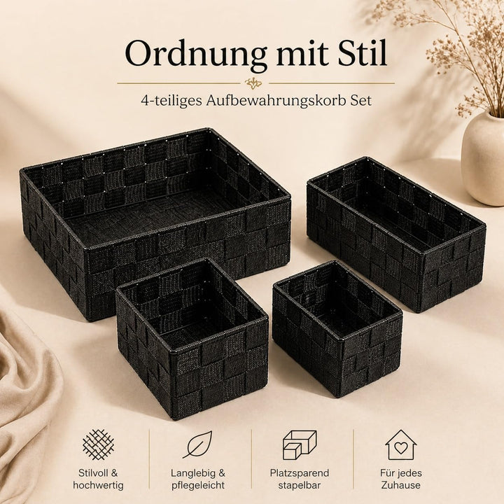 DRULINE 4er-Set Korb Silk Aufbewahrungskorb Badkorb Dekokorb Korb Aufbewahrung Deko Schwarz, Schwarz
