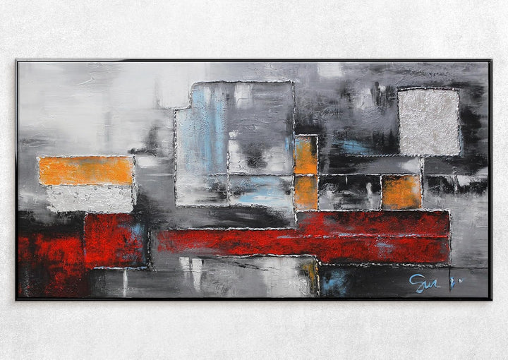 YS-Art Abstrakt Acryl Gemälde auf Leinwand Abstraktion in rot-grauen Farben handgemalt Wandbilder Wo