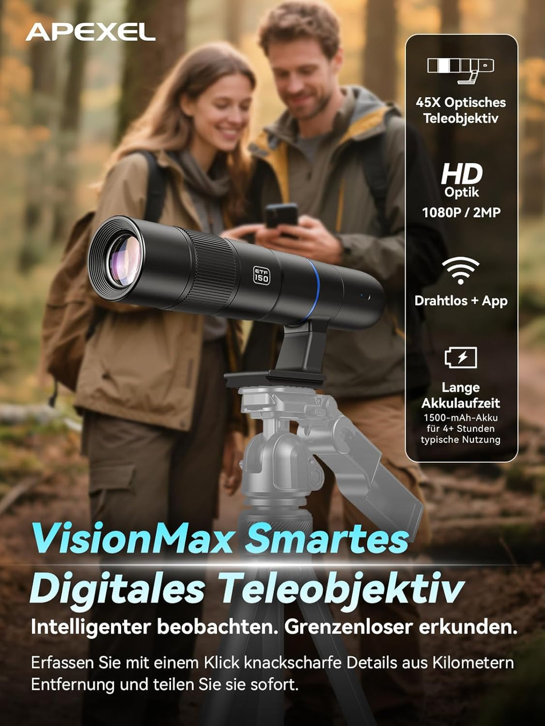 APEXEL 45X Hochleistungs-Objektiv für Smartphones, Digitale Drahtlose Telefonkamera mit APP-Steuerun