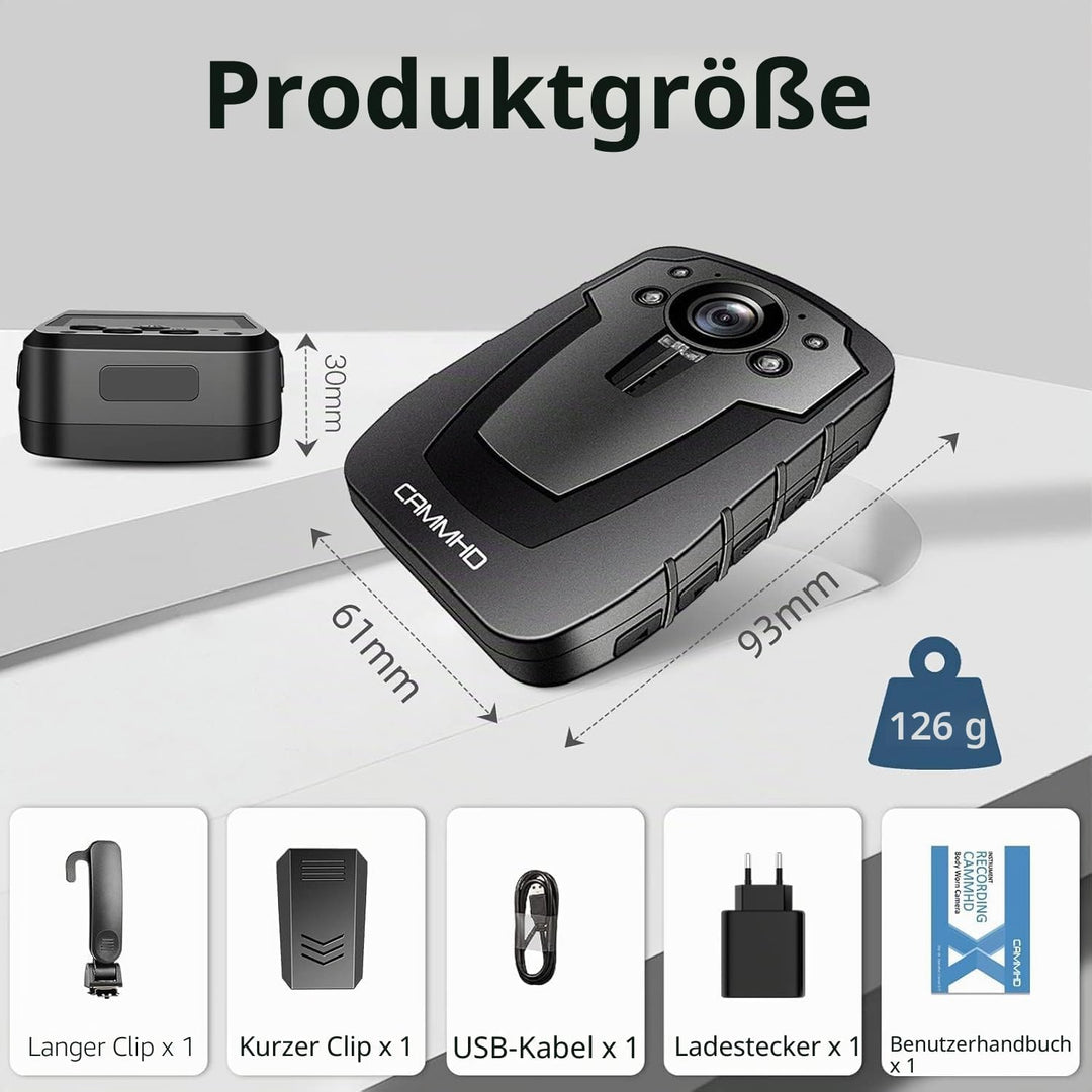 CAMMHD C8-32GB 1296P Body Cam 4000mAh Akku 16 Stunden Tragbare Audio und Video Bodycam 170° Weitwink