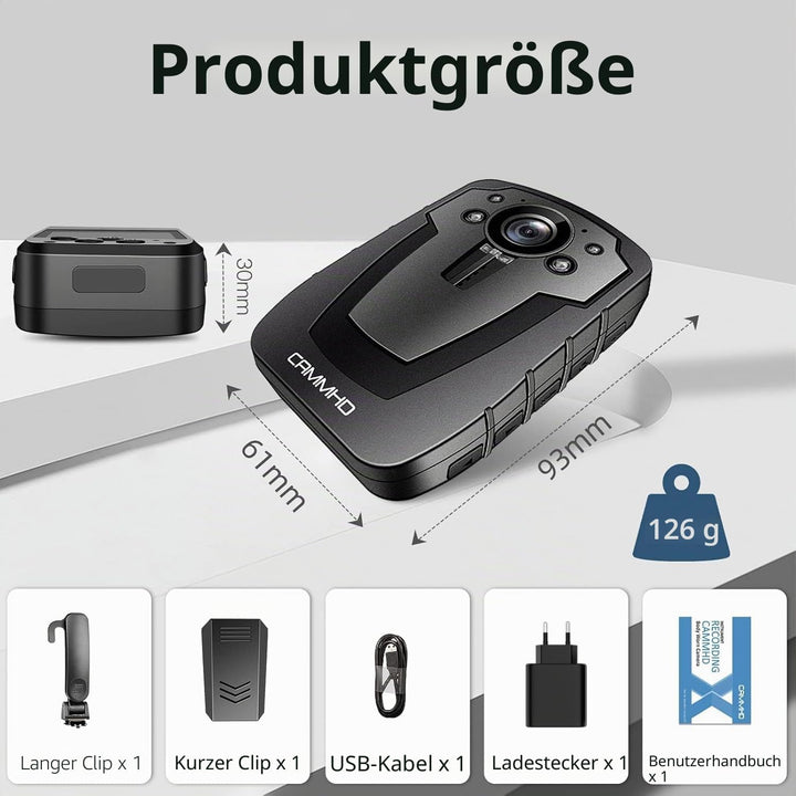 CAMMHD C8-32GB 1296P Body Cam 4000mAh Akku 16 Stunden Tragbare Audio und Video Bodycam 170° Weitwink