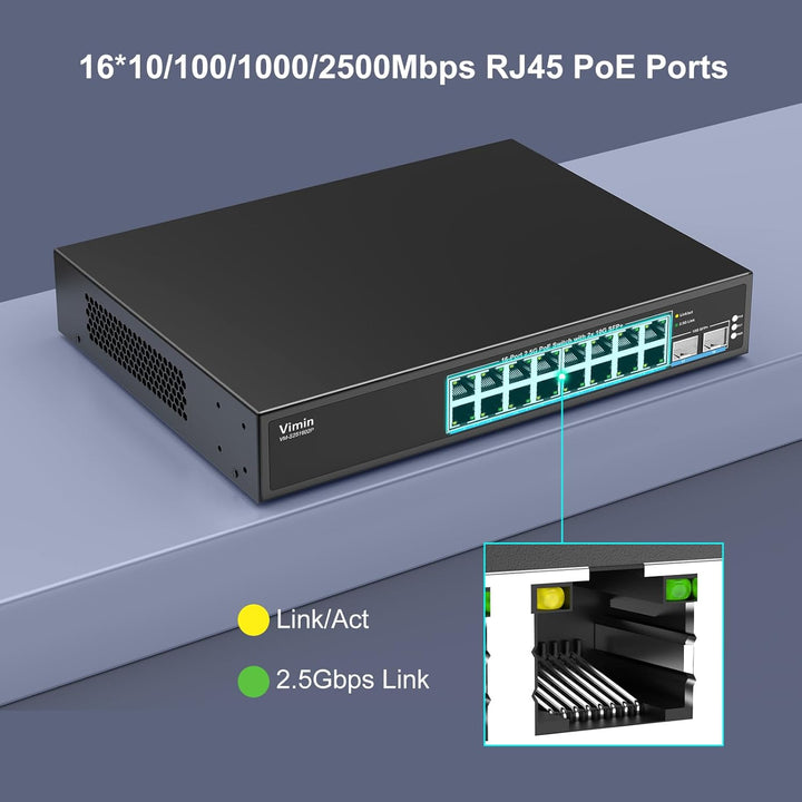 16 Port 2.5G PoE Switch Unmanaged mit 2X 10Gbps SFP, VIMIN 16x 2.5G Base-T PoE Ports, 10G SFP PoE Sw