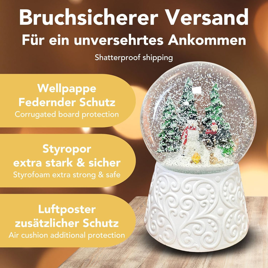 Schneekugel Weihnachten Spieluhr | Schneemann Steht Kind auf Schlitten| Ornament Sockel weiss | Höhe
