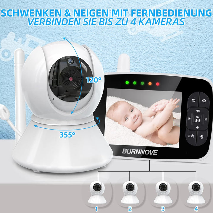 BURNNOVE Babyphone mit Kamera 3,5 Zoll Video Babyphone 355° Schwenk- & 120° Neigefunktion 2X Digital