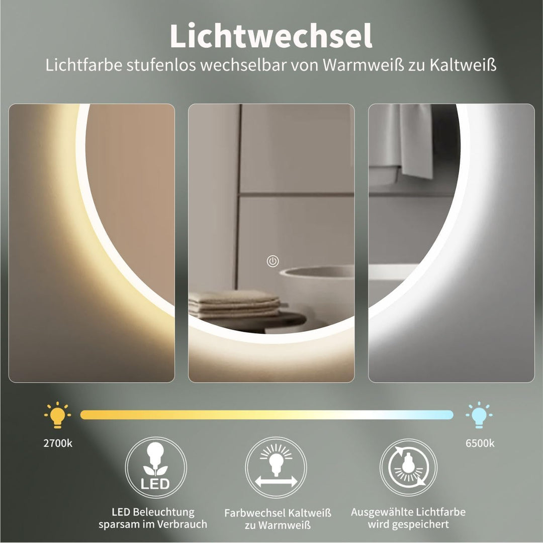 ApeJoy® runder Badspiegel ø60cm mit Beleuchtung, LED Wandspiegel mit Touch-Schalter, Lichtspiegel Wa