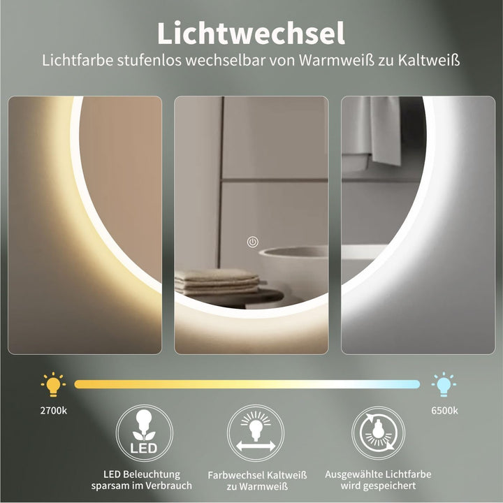 ApeJoy® runder Badspiegel ø60cm mit Beleuchtung, LED Wandspiegel mit Touch-Schalter, Lichtspiegel Wa