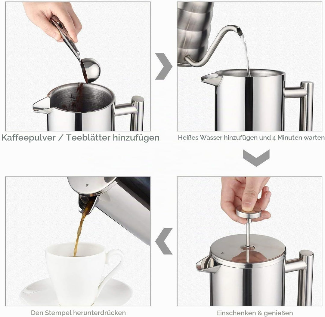 MaxMiuly Kaffeebereiter French Press 0,35 Liter Klein Kaffeezubereiter Doppelwandige Edelstahl Franz