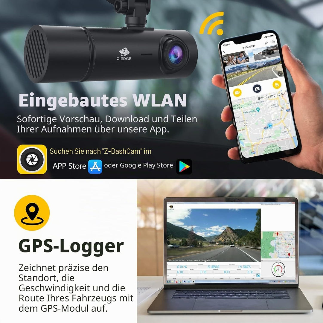 Z-Edge T3P 3 Kanal 4K Dashcam mit WiFi GPS, Vorne Innen Hinten 1600P+1080P+1080P, IPS Touchscreen, I