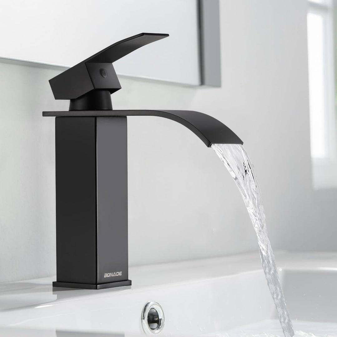 Wasserhahn Bad Schwarz, BONADE Wasserfall Waschtischarmatur aus Edelstahl, Waschbecken Armaturen Kal