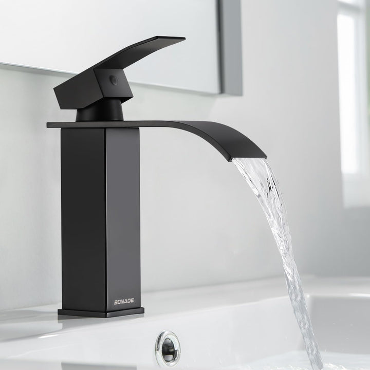 Wasserhahn Bad Schwarz, BONADE Wasserfall Waschtischarmatur aus Edelstahl, Waschbecken Armaturen Kal