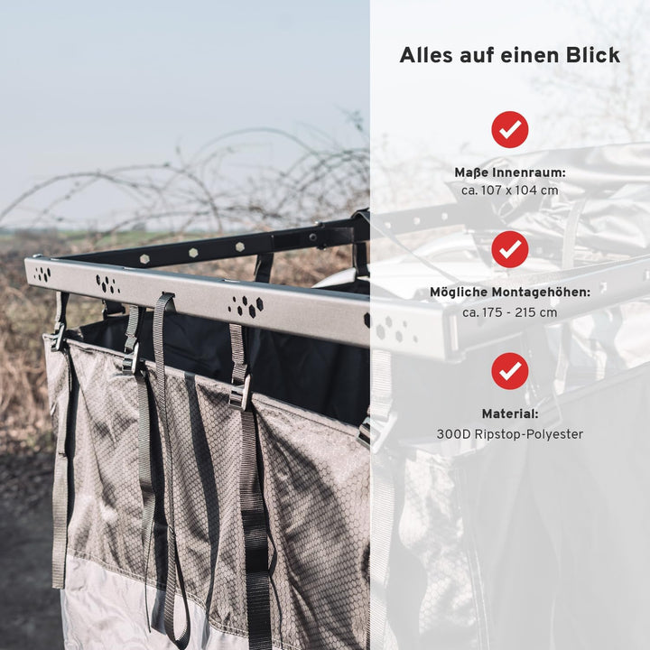 CAMPWERK Duschzelt – Höhenverstellbar (175-215 cm) mit Regenhaube, LED-Beleuchtung – Perfekt für Cam