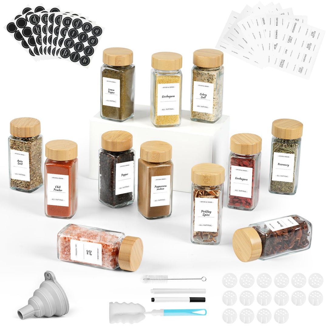 FRIBERG Gewürzgläser Eckig Mit Holzdeckel 12er Set 120ml[etiketten & Streueinsatz]-Gewürzgläser Set-