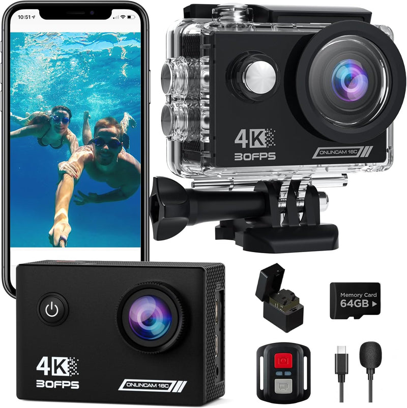 TIMNUT Action Cam 4K30fps, Unterwasserkamera WiFi Kamera,20MP HD 170°FOV mit EIS Helmkamera, 40m/131