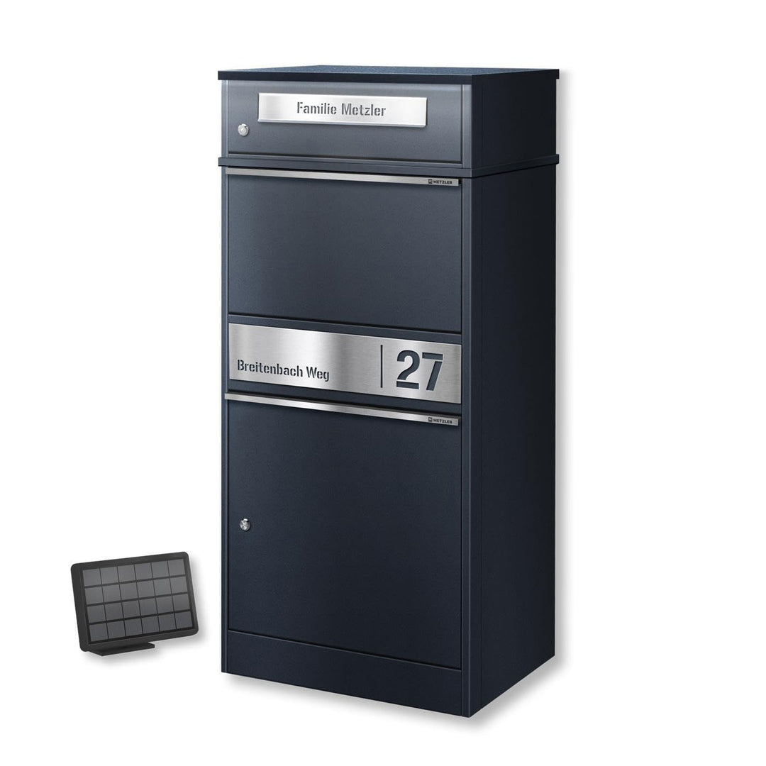 Metzler Briefkasten mit Paketfach mit solarbetriebener LED-Beleuchtung und Gravur anthrazit RAL 7016