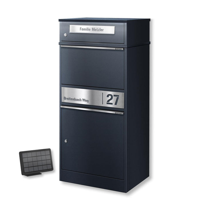 Metzler Briefkasten mit Paketfach mit solarbetriebener LED-Beleuchtung und Gravur anthrazit RAL 7016