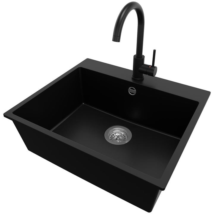 Spülbecken Schwarz 58x50 cm, Granitspüle 1 Becken + Ablauf-Set + Küchenarmatur, Küchenspüle ab 60er
