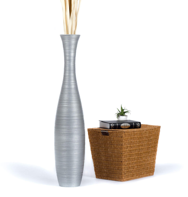 Leewadee Grosse Bodenvase für Dekozweige hohe Standvase Design Holzvase, Holz, 110 cm, Silber 110 cm