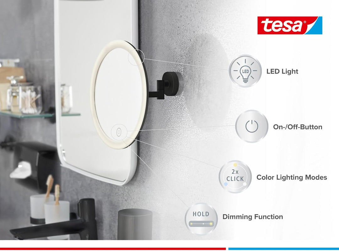 tesa VISIOON LED-Kosmetikspiegel - kabelloser Schminkspiegel mit dimmbarer Beleuchtung - Touch Contr