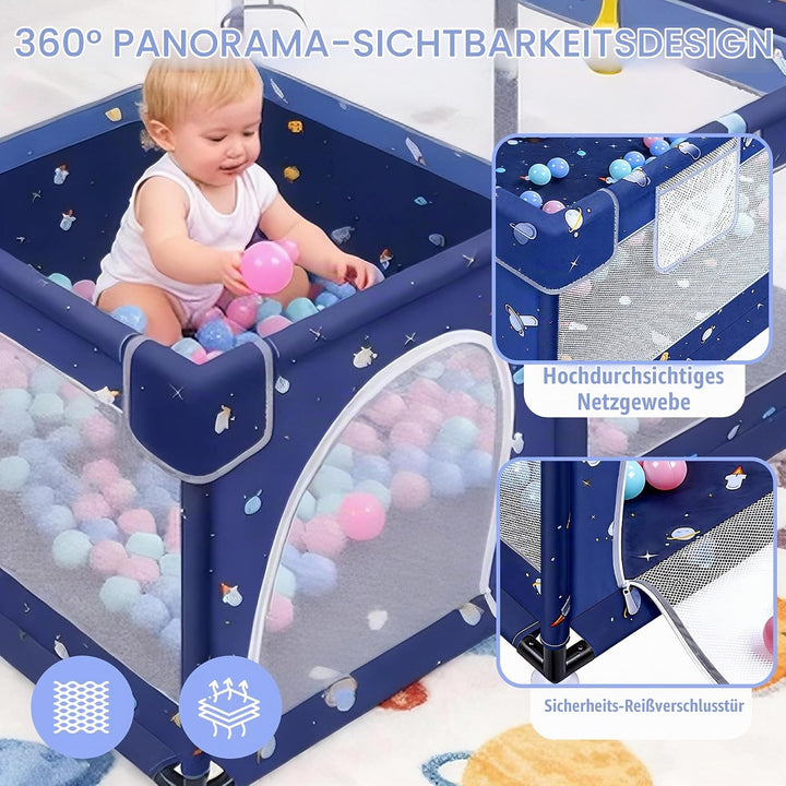 Verdego Laufstall Baby 130 x 130 x 66 cm, Laufgitter Baby, Laufstall Faltbar mit Zugringen, Bällen,
