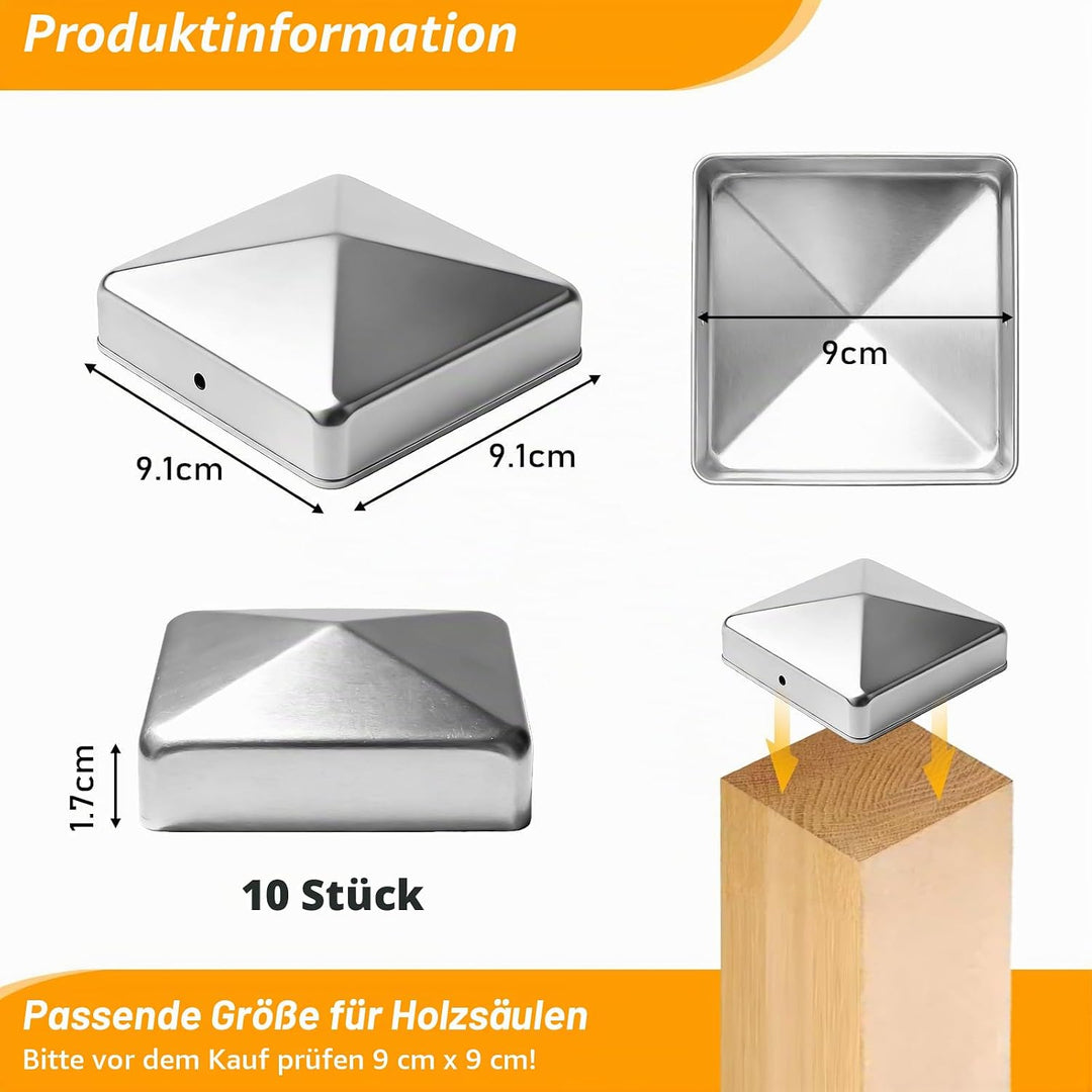 10 Stück Pfostenkappen 9X9CM,Edelstahl Pfostenkappe,Abdeckkappe Für Pfosten,Zaunpfosten Kappen,Abdec