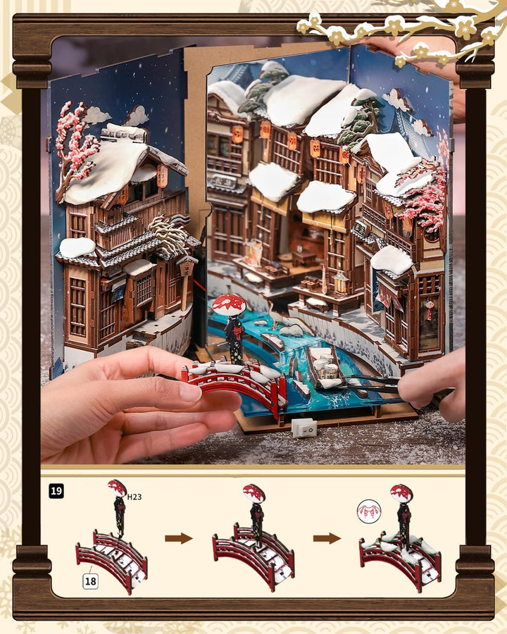 CUTEBEE Book Nook Kit - Japanischer Stil DIY Miniatur-Winterhaus, LED-beleuchtetes Buchregal-Deko Ga