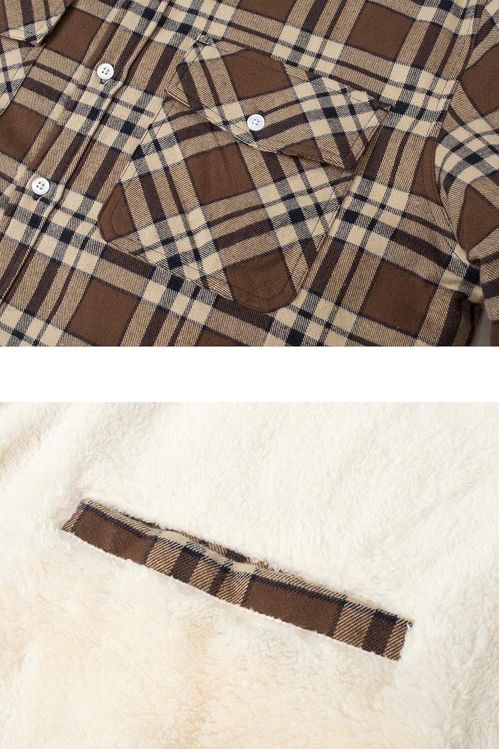 TACVASEN Herren Fleece Thermohemd Warm Flanellhemd Holzfällerhemd Winter Innenfleece Jacke S Braun,