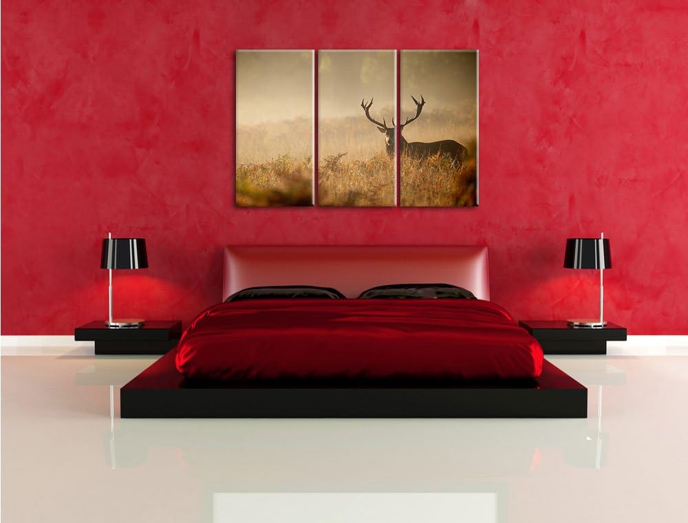 Pixxprint Rotwild Hirsch im Nebel als Leinwandbild | Grösse: 3 Teilig (120x80) | Wandbild| Kunstdruc