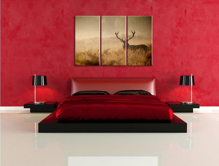 Pixxprint Rotwild Hirsch im Nebel als Leinwandbild | Grösse: 3 Teilig (120x80) | Wandbild| Kunstdruc