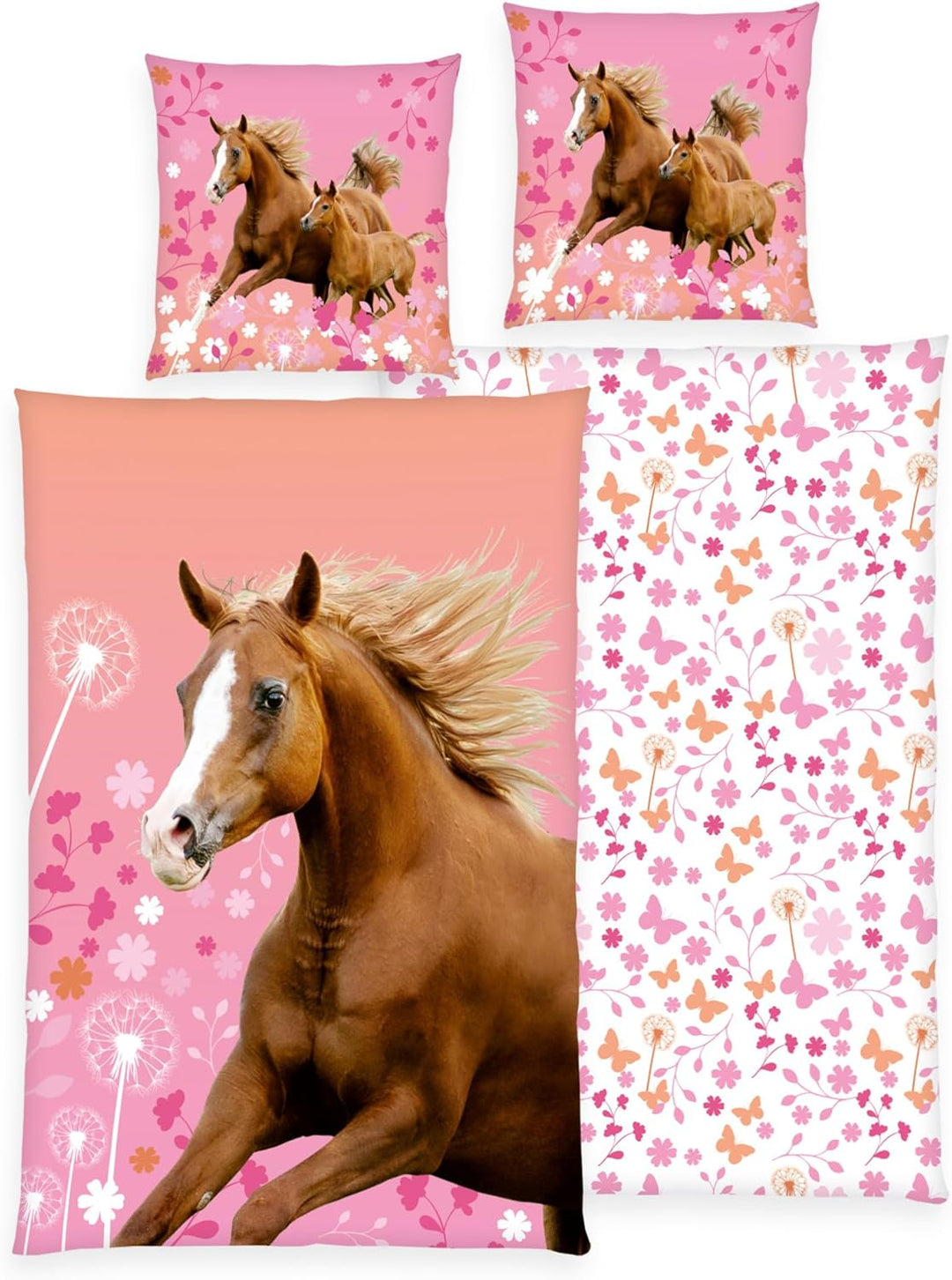 Matt&amp;Rose Wendebettwäsche 135x200 cm 80x80 cm 100% Baumwolle Pferd rosa mit Blumen