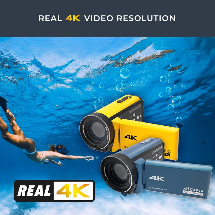 Aquapix WDV5630 Unterwasser-Camcorder, Echtes 4K-Video, Bis zu 56MP, 18x Digital-Zoom, 3" Display, B
