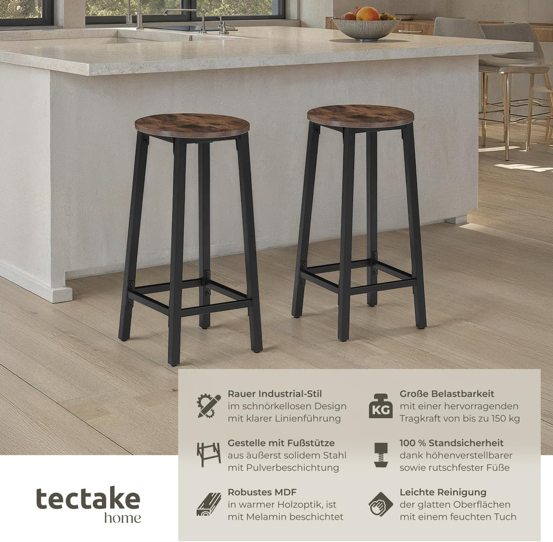 tectake Barhocker 2er-Set, runder Bistrohocker im Industrie-Design, 66 cm hoch, Vintage Barstühle mi
