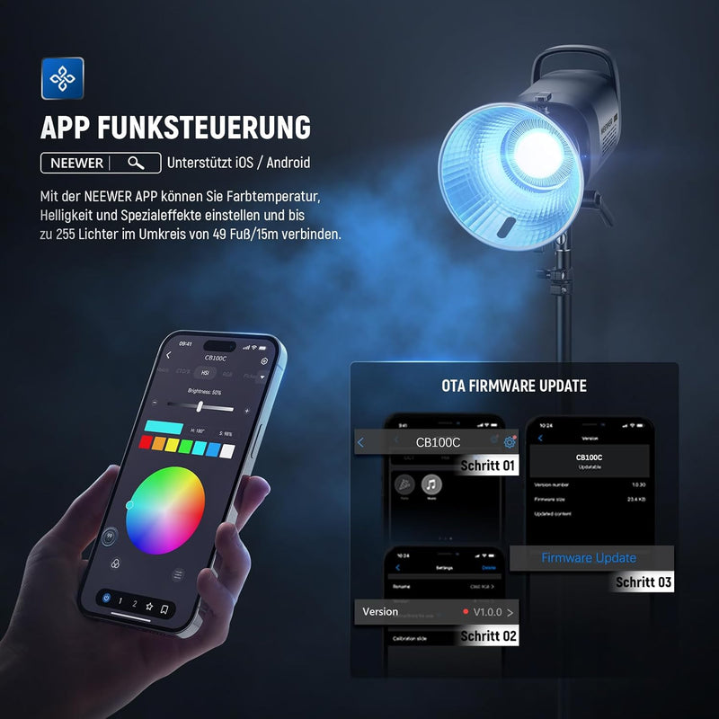 NEEWER CB100C 130w RGB LED Videoleuchte, COB Dauerlicht mit APP/2,4G Steuerung, Videolicht 360° Voll