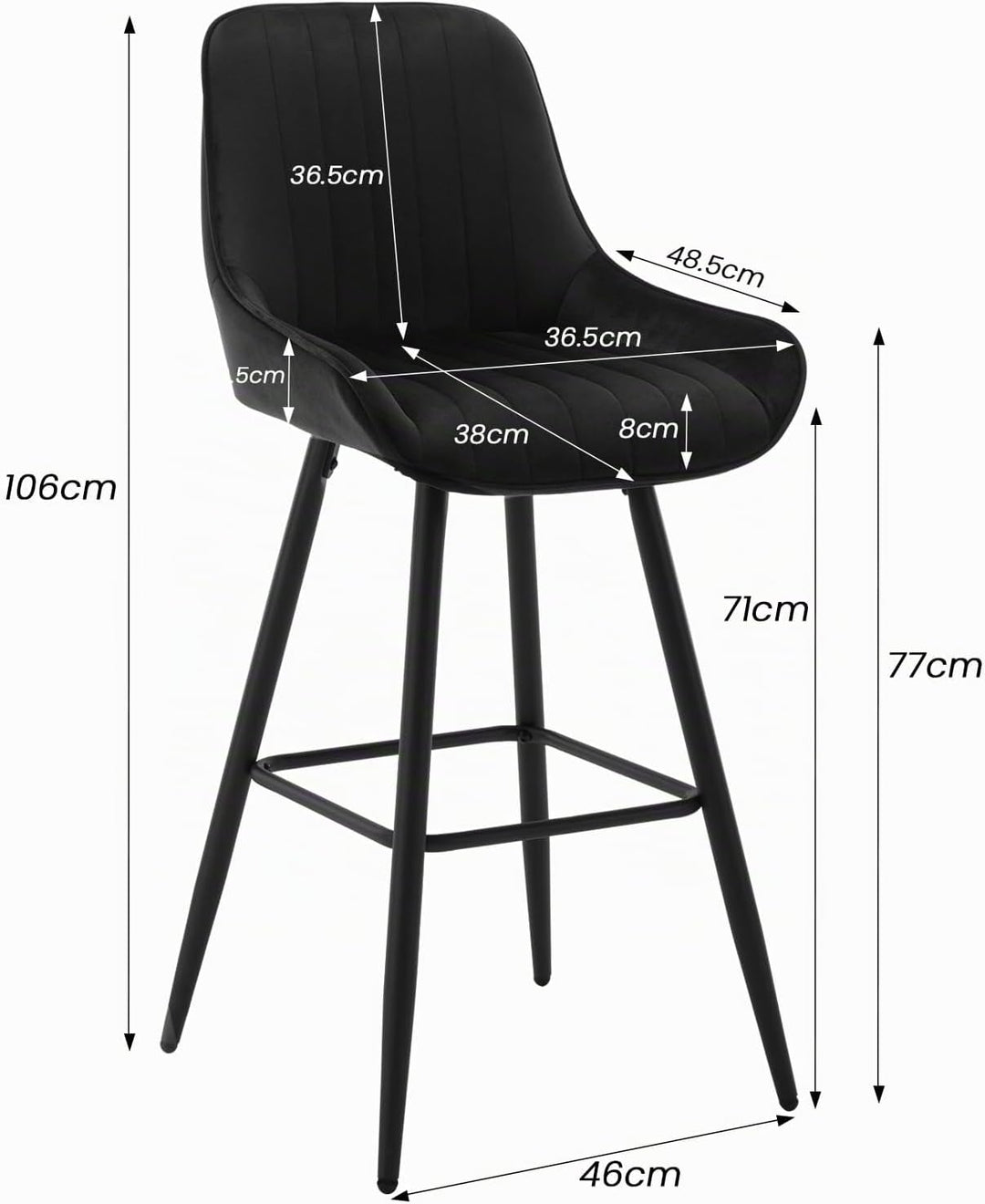 WOLTU 2er Set Barhocker, mit Rückenlehne, Samt, Schwarz, Schwarz