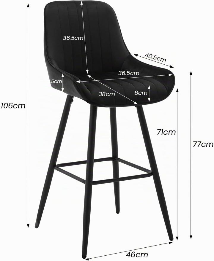 WOLTU 2er Set Barhocker, mit Rückenlehne, Samt, Schwarz, Schwarz