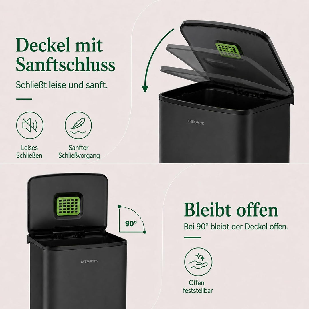 EverGrove 50L Treteimer aus Edelstahl mit Deckel, Soft-Close, Stay-Open Funktion, herausnehmbarer In