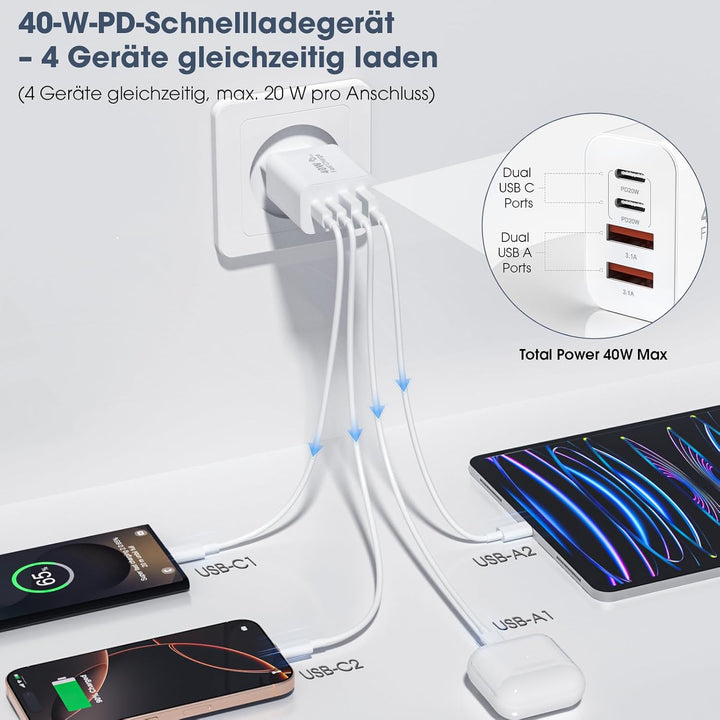 USB C Ladegerät, 40W Multiport Schnellladeblock with 4 Ports - 2 x USB-C and 2 x USB-A, Mehrfach-Wan