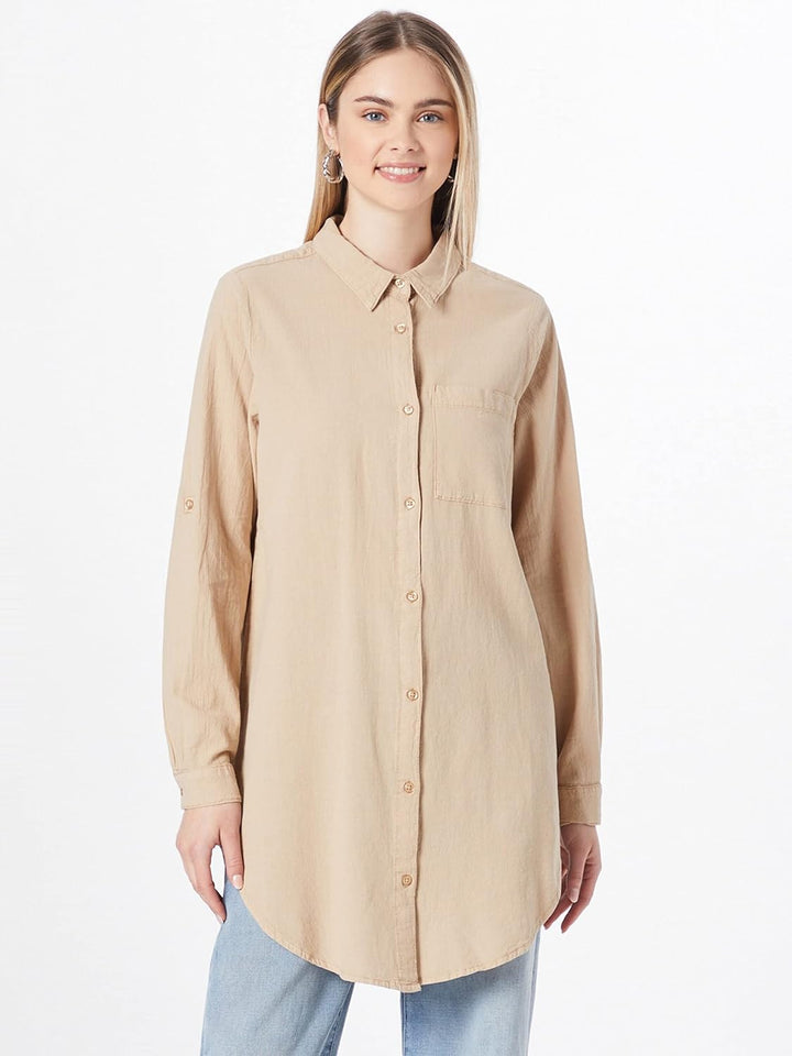 KAFFE KAnaya Shirt Tunic Damen Hemd Langarm Kragen Lang Casual Hemdbluse 34 Classic Sand, 34 Classic