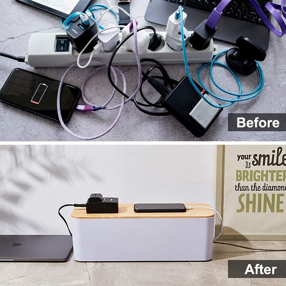SENENQU 3er-Set Kabelbox Weiss, Grosse Kabel Organizer Box mit Holzdeckel für Kabel, Grosse und Klei
