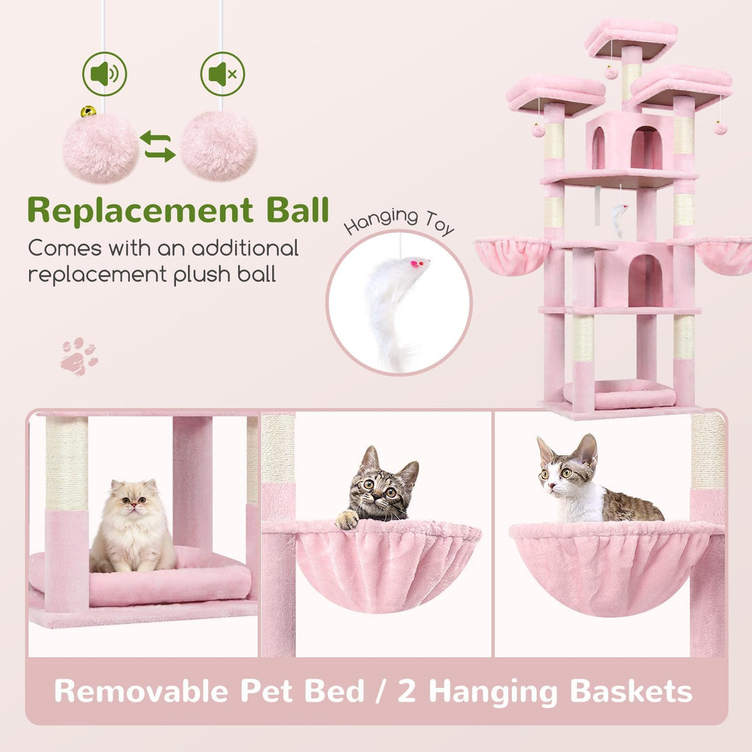 Globlazer Kratzbaum Rosa Stabil 174 cm mit 3 Gepolsterte Sitzstangen, 2 Katzenhaus, 2 Korb, Abnehmba
