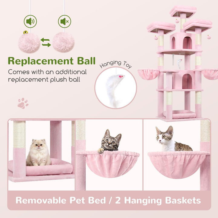 Globlazer Kratzbaum Rosa Stabil 174 cm mit 3 Gepolsterte Sitzstangen, 2 Katzenhaus, 2 Korb, Abnehmba