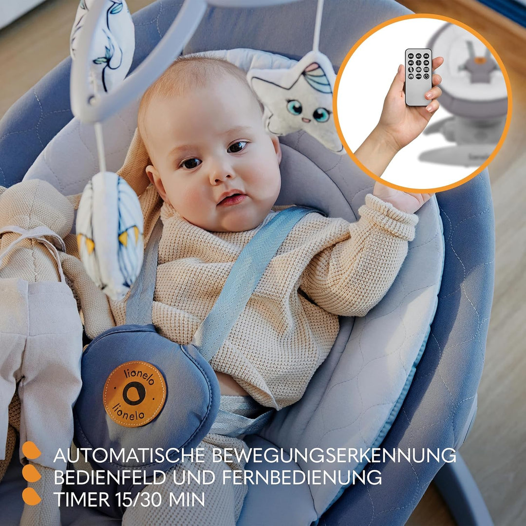 LIONELO MELL Elektrische Babywippe mit 360o Drehung für Babys bis 9 kg Verstellbare Rückenlehne 5 Sc