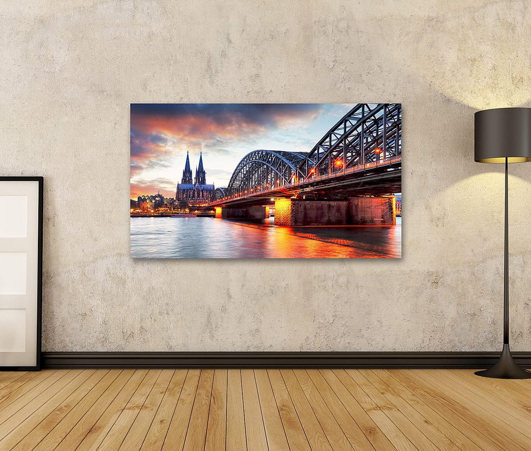 islandburner Bild auf Leinwand Kölner Dom Hohenzollern Brücke Sonnenuntergang Nacht Bilder Wandbilde