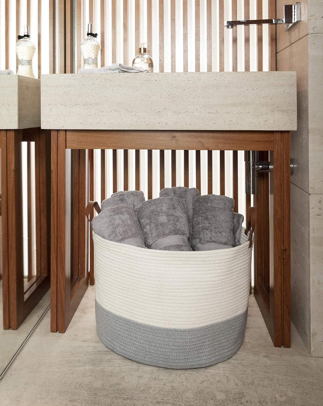 OrganiHaus XXL extragrosser Baumwoll-Seilkorb mit Griffen aus echtem Leder - Breite 50x33 cm gewebte