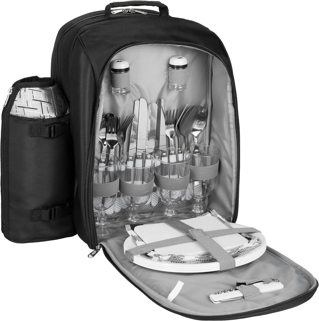 BRUBAKER Picknickrucksack für 4 Personen Schwarz Silber 27 × 38,5 × 21 cm - inkl. Kühlfach + Iso-Fla